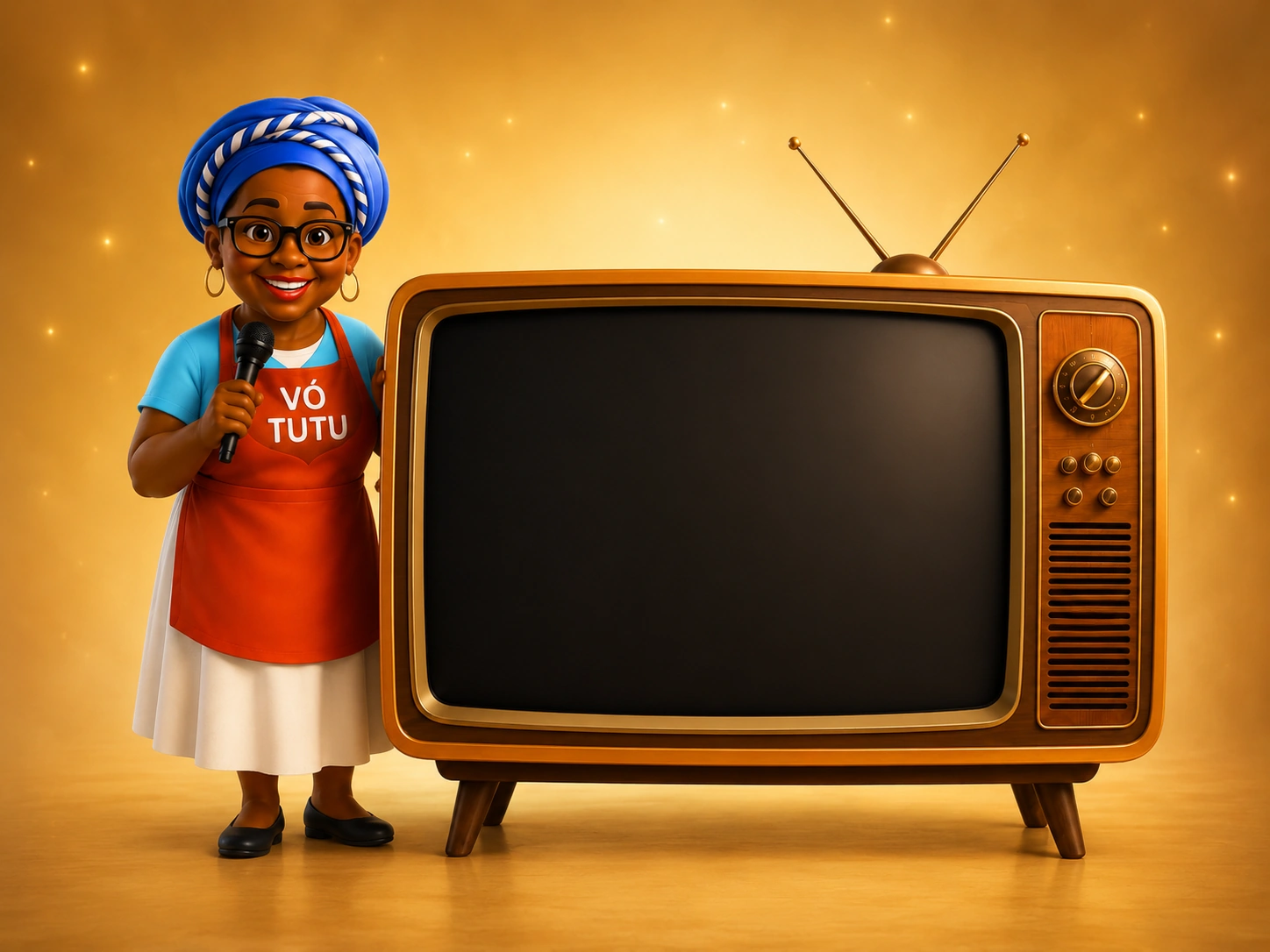 Vó Tutu com televisão retrô pronta para transmitir