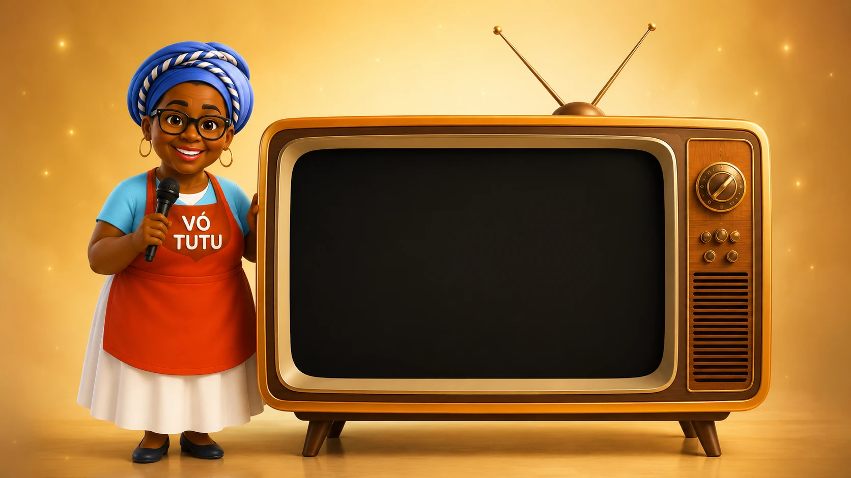 Avatar da Vó Tutu ao lado da TV retrô