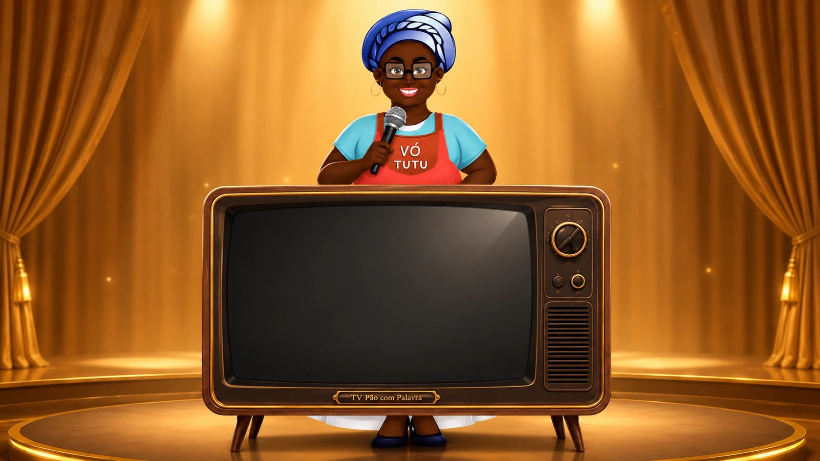 Vó Tutu com microfone atrás da TV Pão com Palavra pronta para exibir o vídeo oficial