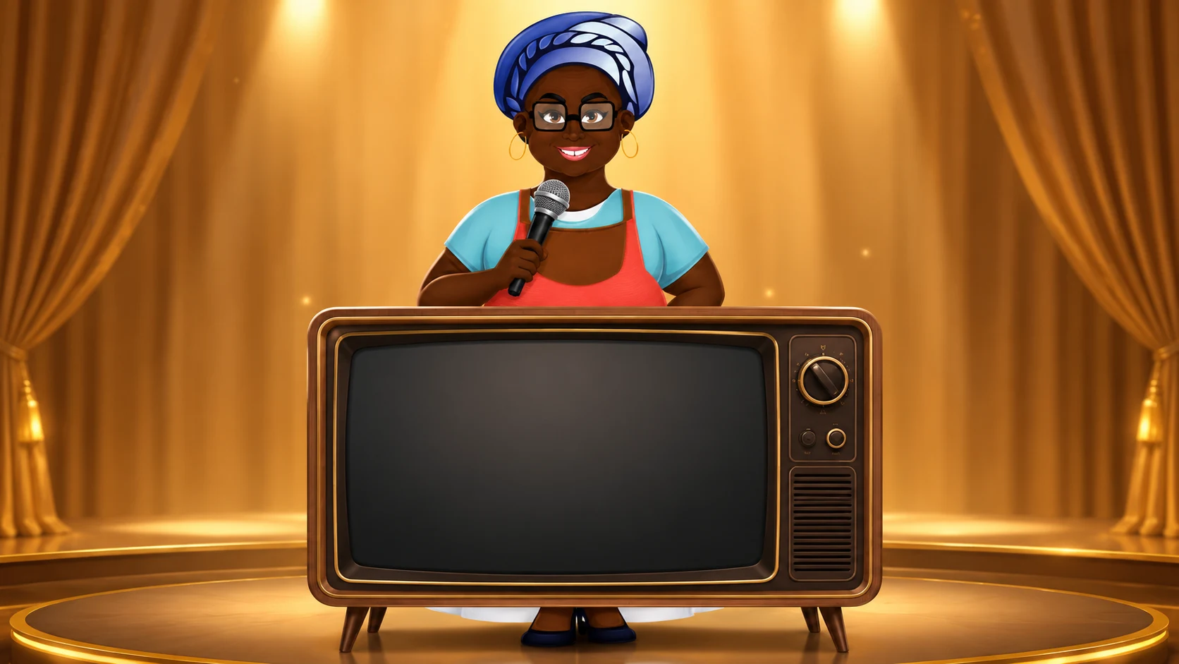 Vó Tutu com microfone atrás de uma televisão pronta para exibir o vídeo oficial