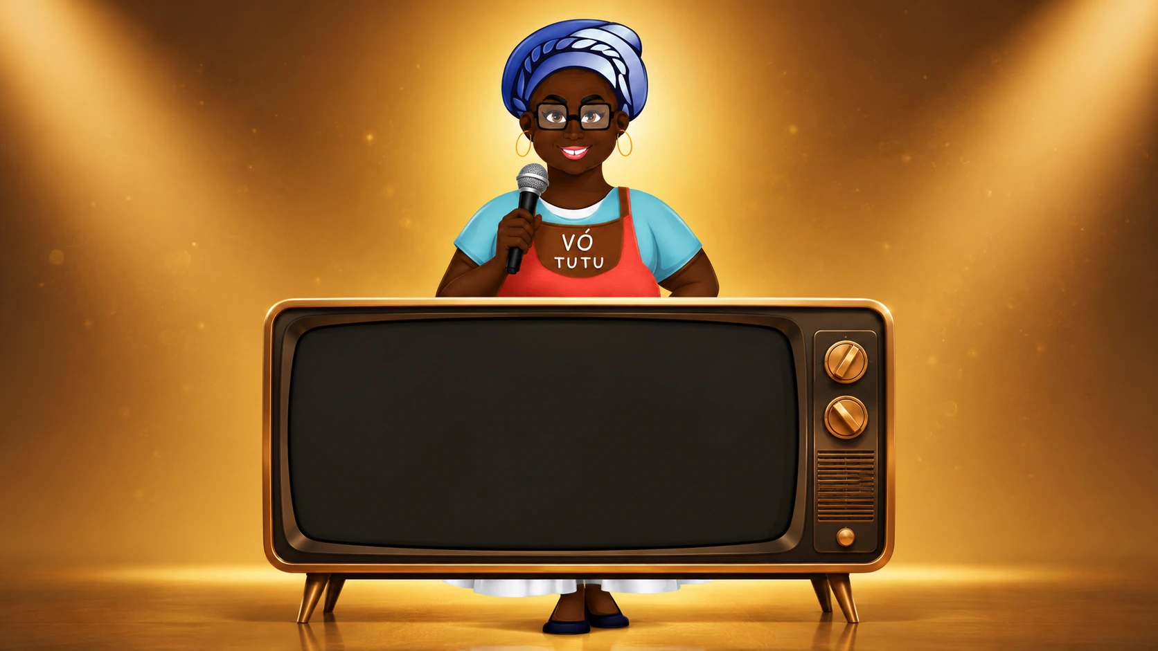 Vó Tutu atrás de uma televisão retrô pronta para transmitir o vídeo oficial